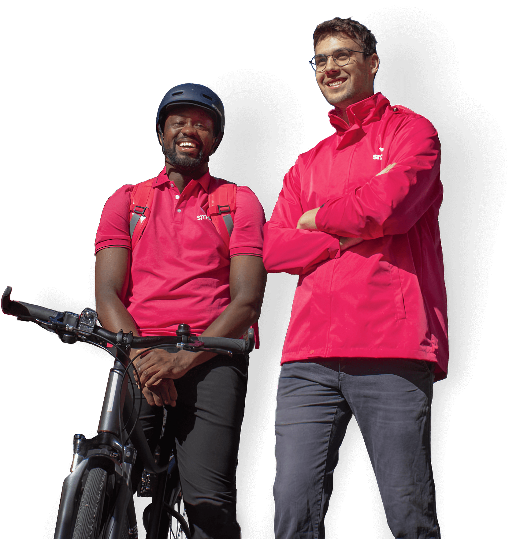 Smood delivery person in full uniform, carrying a delivery bag.